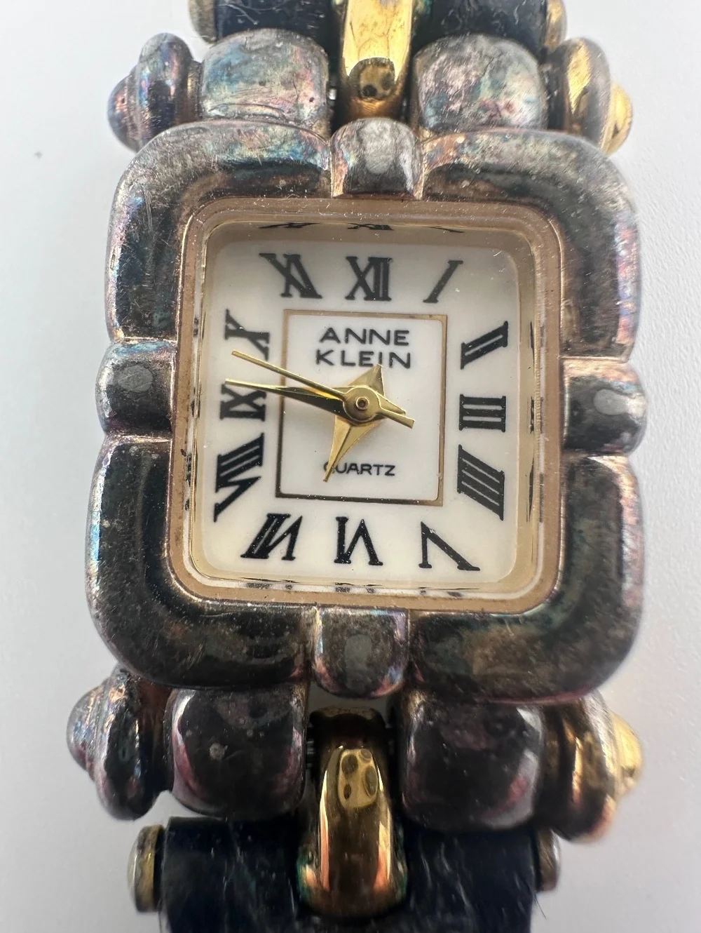 Vintage Anne Klein 29mm Two Tone Quartz Watch Black Leather Band